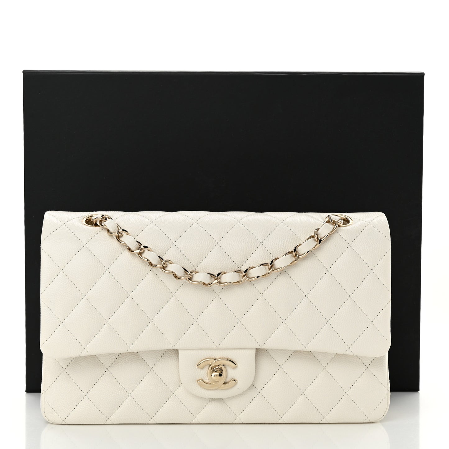 Caviar Quilted Medium Double Flap White
