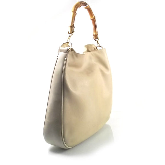 Leather Bamboo Top Handle Tote Beige