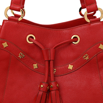 MCM Grained Calfskin Studded Drawstring Bucket Bag Red 10 of 11