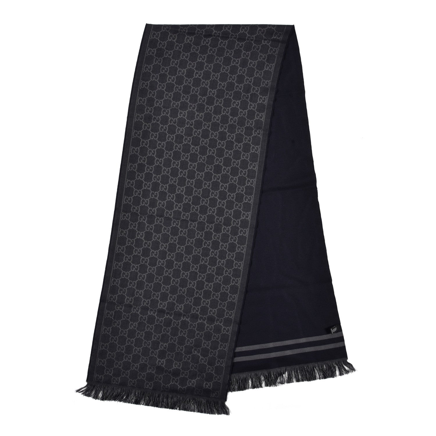 Gucci Wool Silk Monogram Fringe Scarf Navy Blue 2 of 5