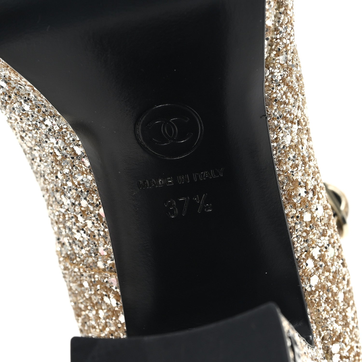 Chanel Glitter Lambskin Cap Toe CC Mary Jane Pumps 37.5 Light Gold Black 9 of 9
