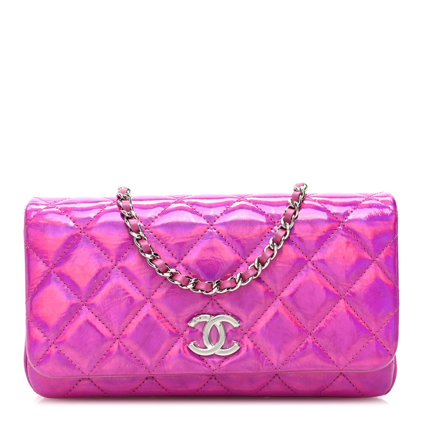 Iridescent Mirror Goatskin Quilted Clutch With Chain Pink