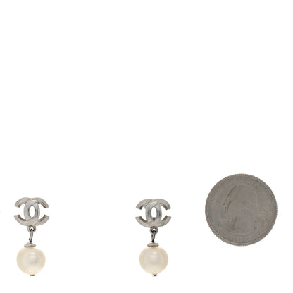 Chanel CC Pearl Drop Earrings Silver 2 of 4