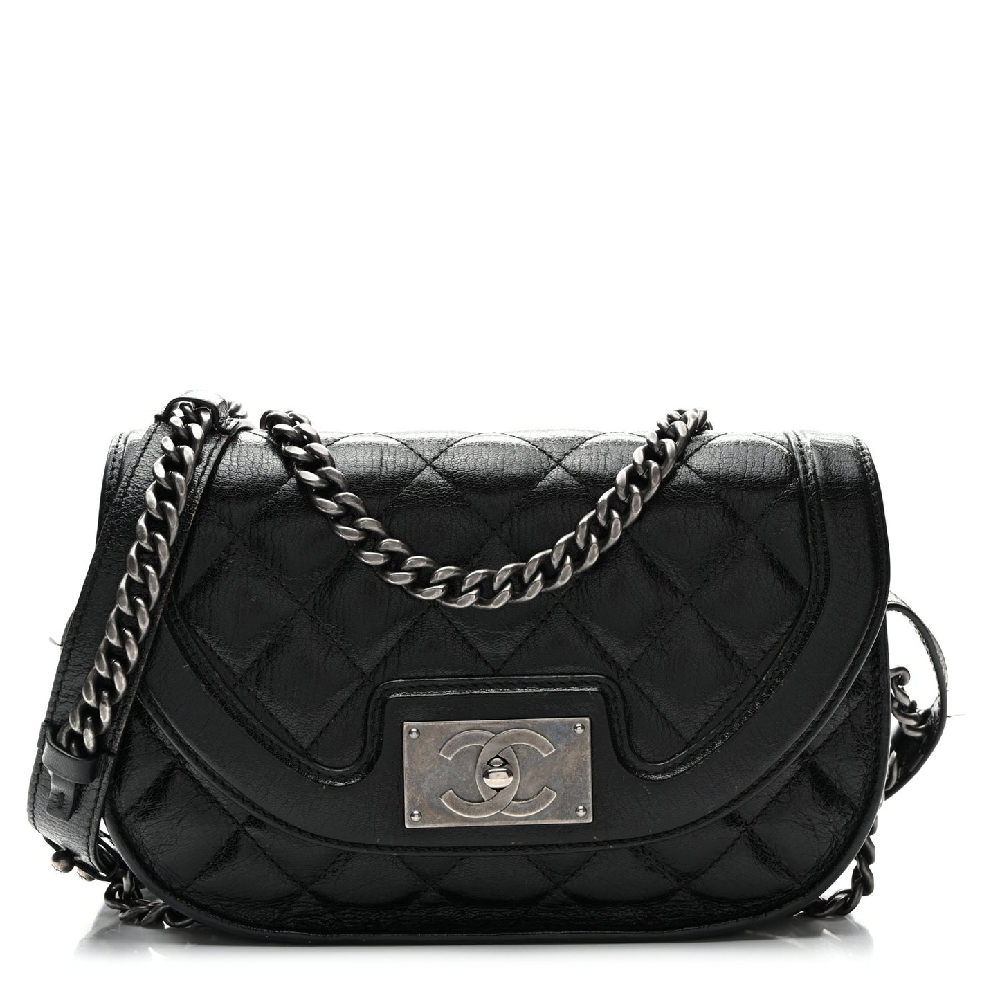 Shiny Goatskin Quilted Small Double Chained Messenger Flap Black