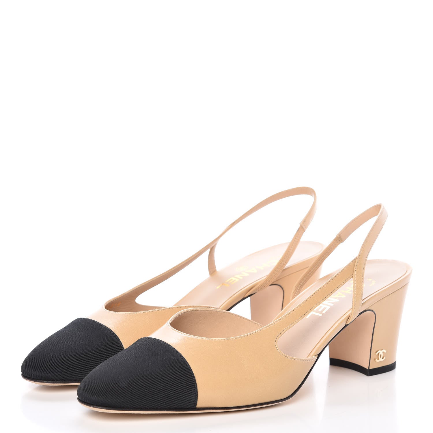 Chanel Goatskin Grosgrain Cap Toe CC Slingback Pumps 41 Beige Black 3 of 9