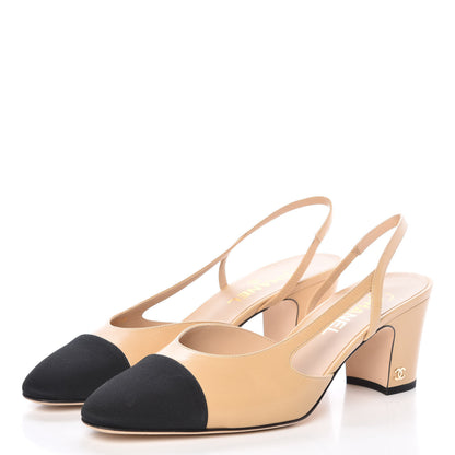 Chanel Goatskin Grosgrain Cap Toe CC Slingback Pumps 41 Beige Black 3 of 9