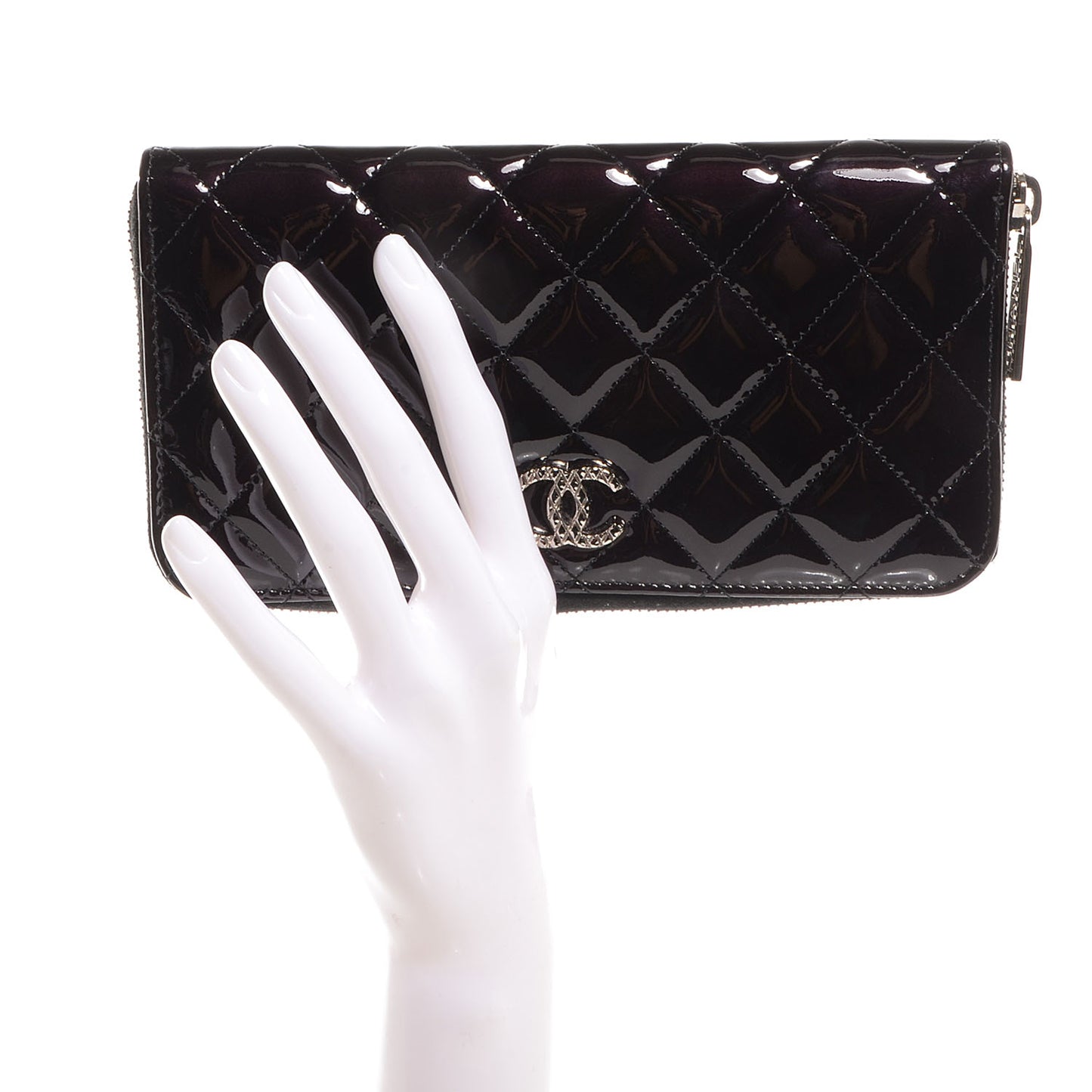 Patent Quilted Brilliant Zip Around Wallet Black