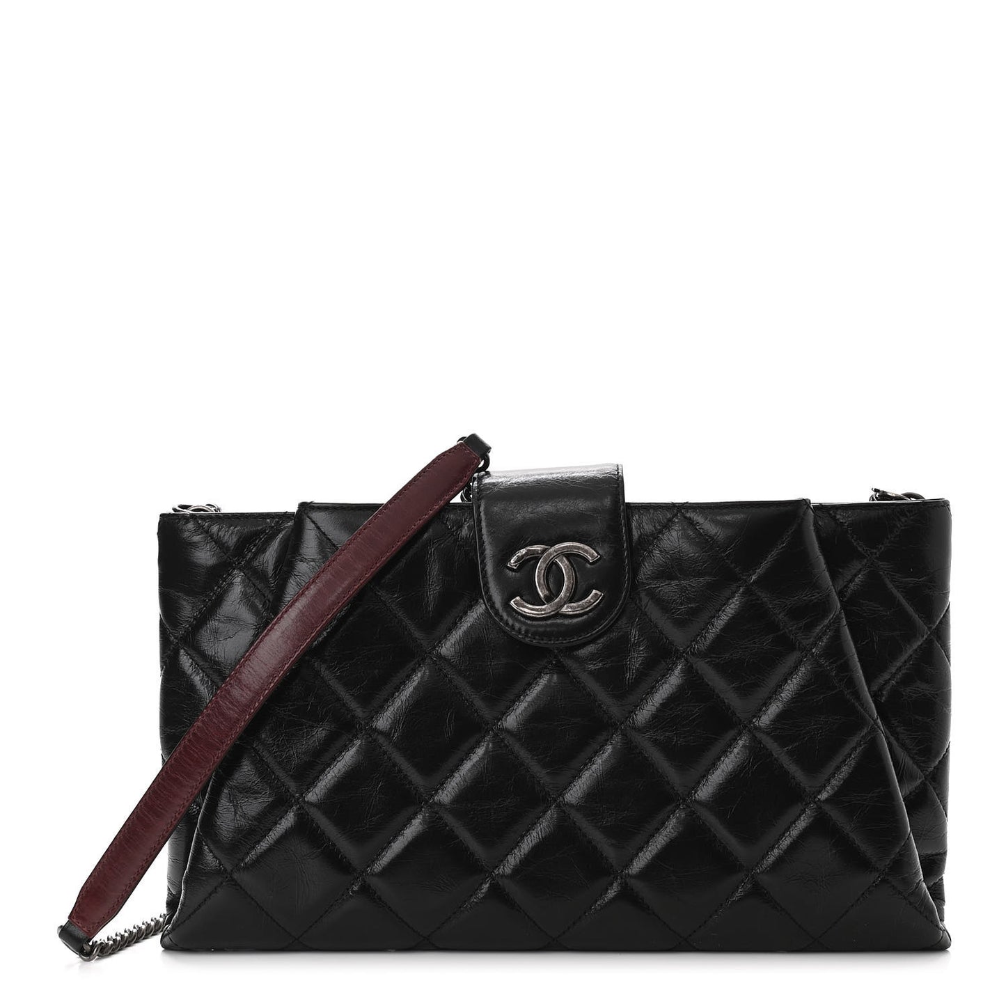 Glazed Calfskin Quilted Coco Pleats Chain Clutch Black