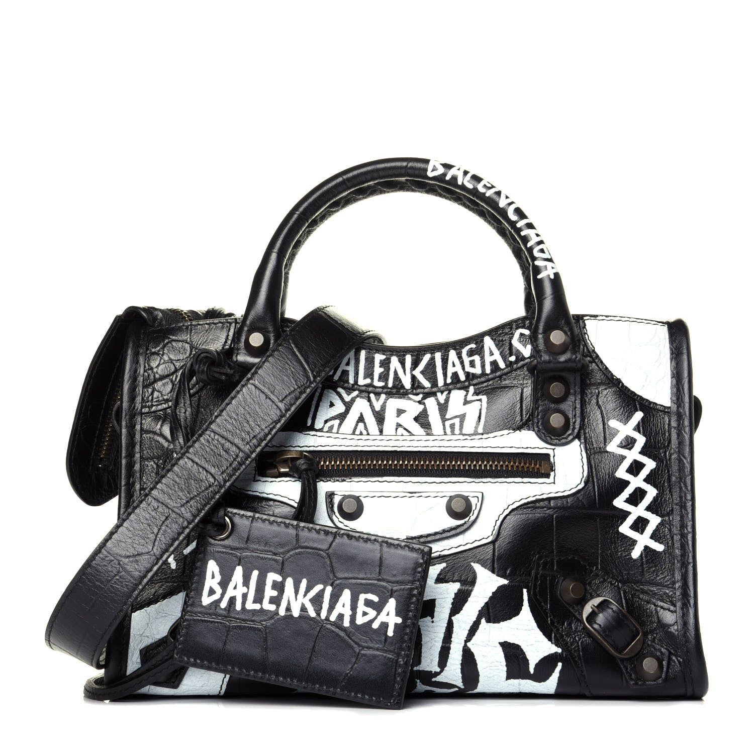 Balenciaga Calfskin Crocodile Embossed Graffiti Classic Hardware Mini City Black White 1 of 10