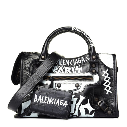 Balenciaga Calfskin Crocodile Embossed Graffiti Classic Hardware Mini City Black White 1 of 10