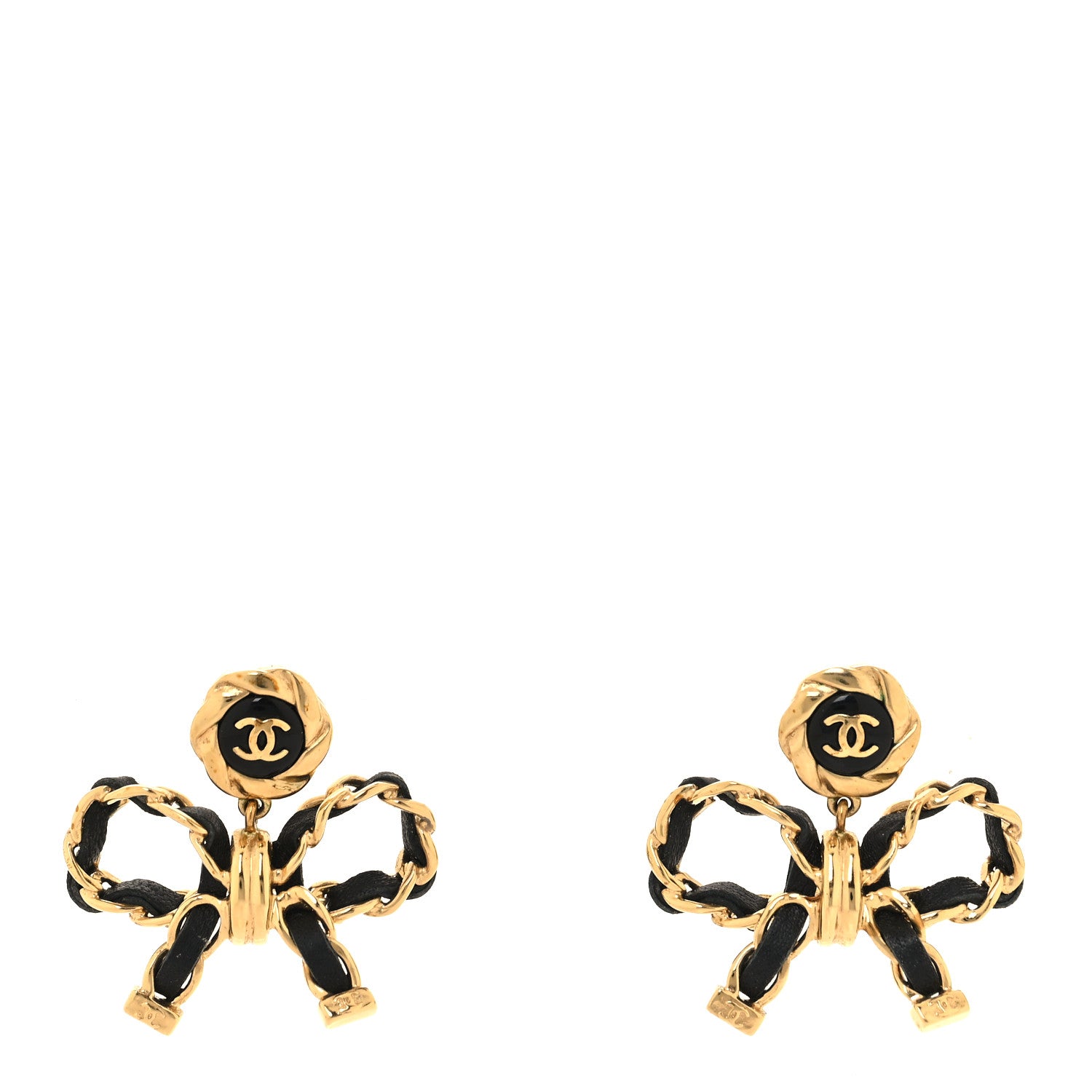 Chanel Lambskin Chain Bow Drop Earrings Black Gold 1 of 5