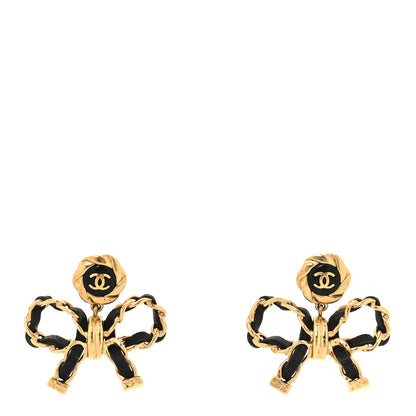 Chanel Lambskin Chain Bow Drop Earrings Black Gold 1 of 5