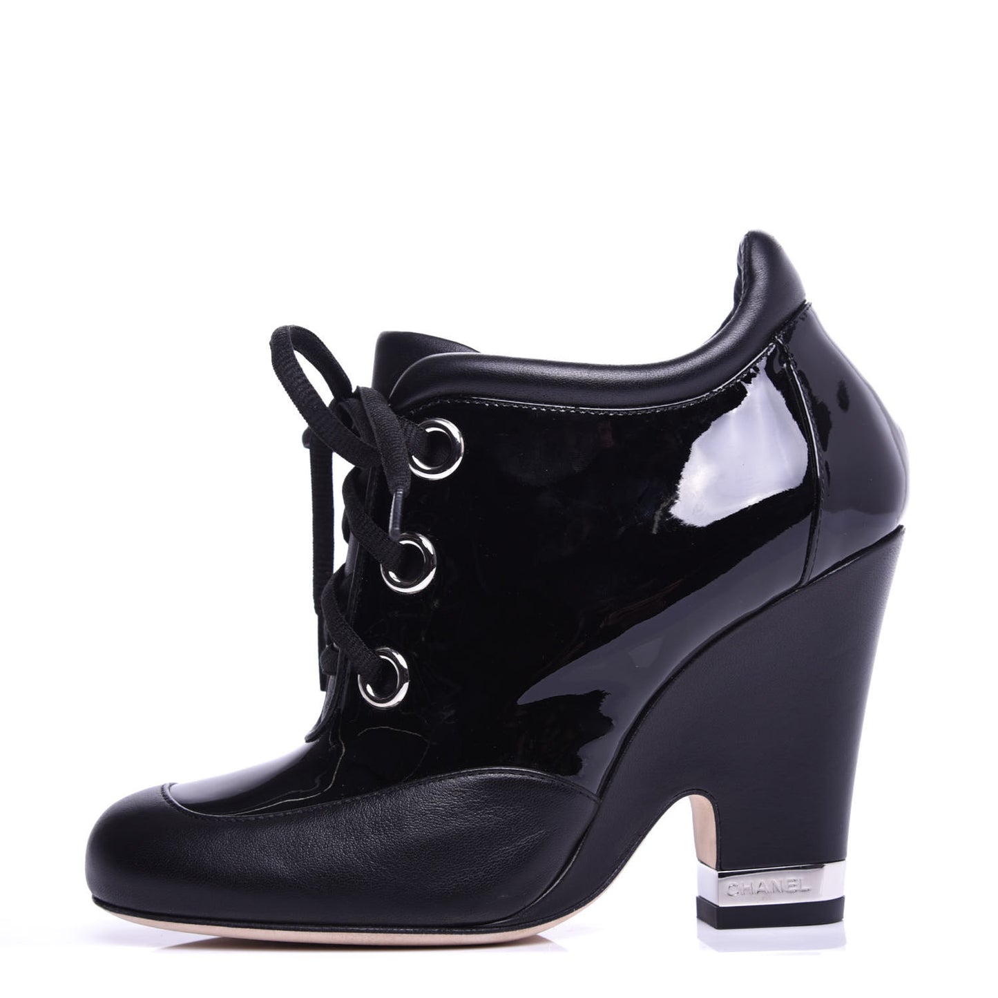 Patent Calfskin Lambskin Lace Up Wedge Short Boots 36.5 Black