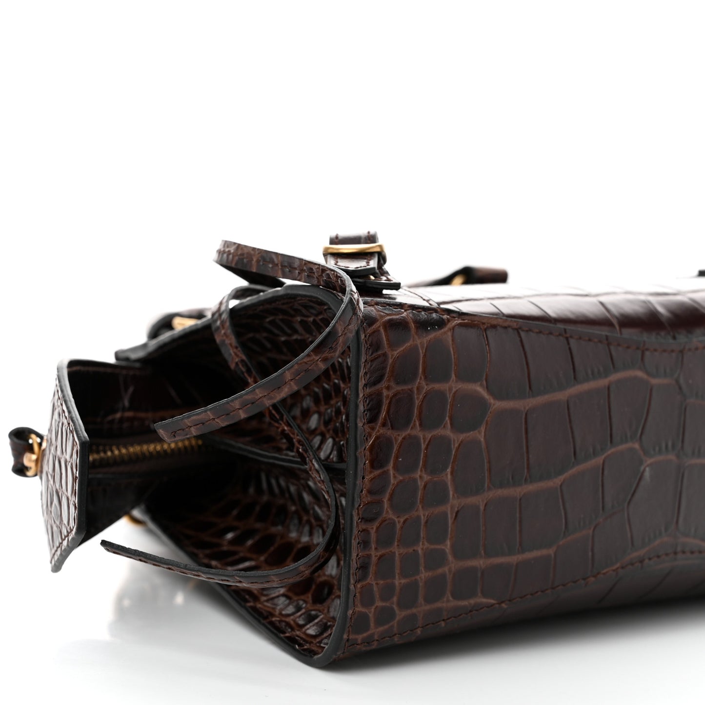 Semi Shiny Calfskin Crocodile Embossed Neo Classic Gold Hardware Mini City Dark Brown