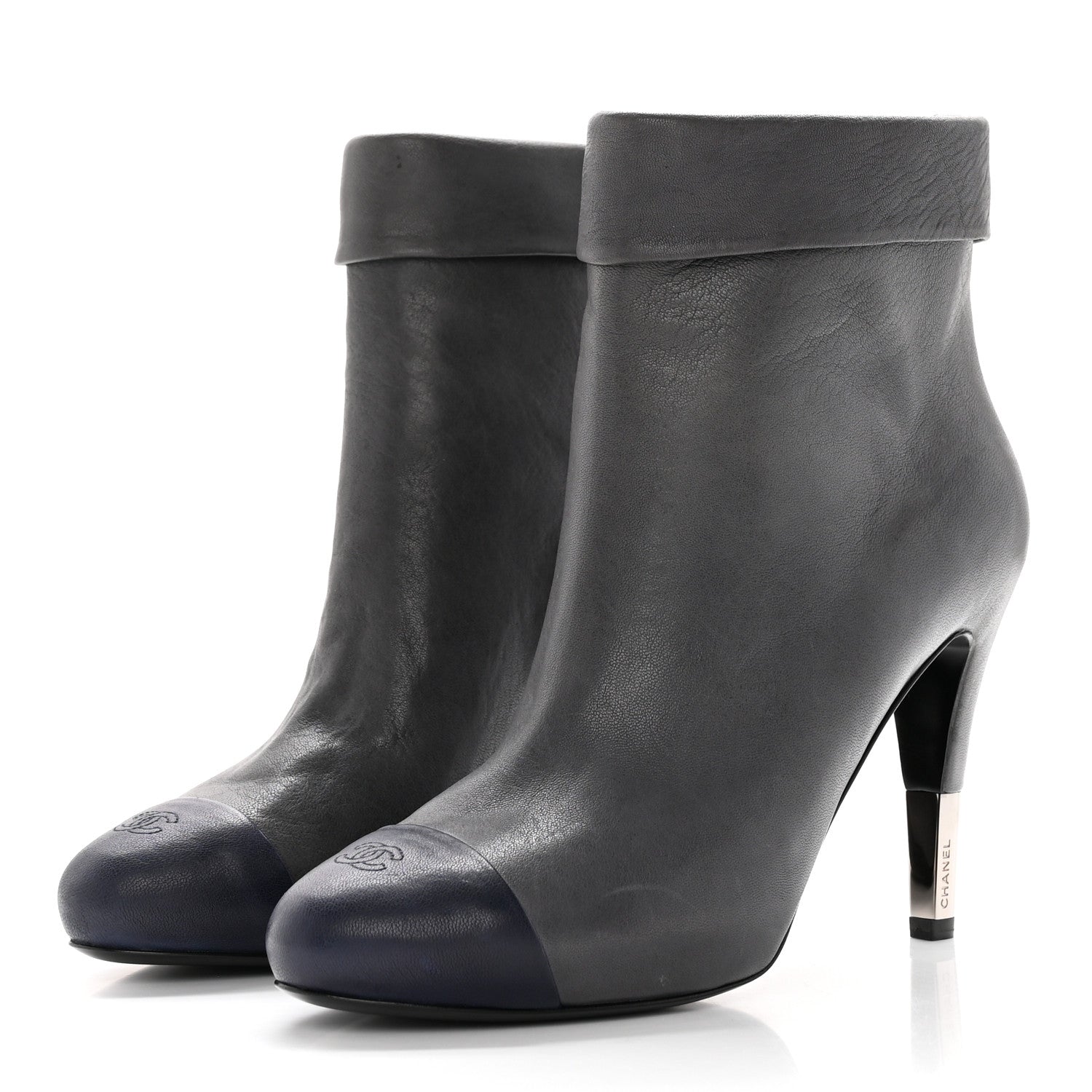 Chanel Lambskin CC Cap Toe Ankle Boots 37 Grey Navy Blue 3 of 16