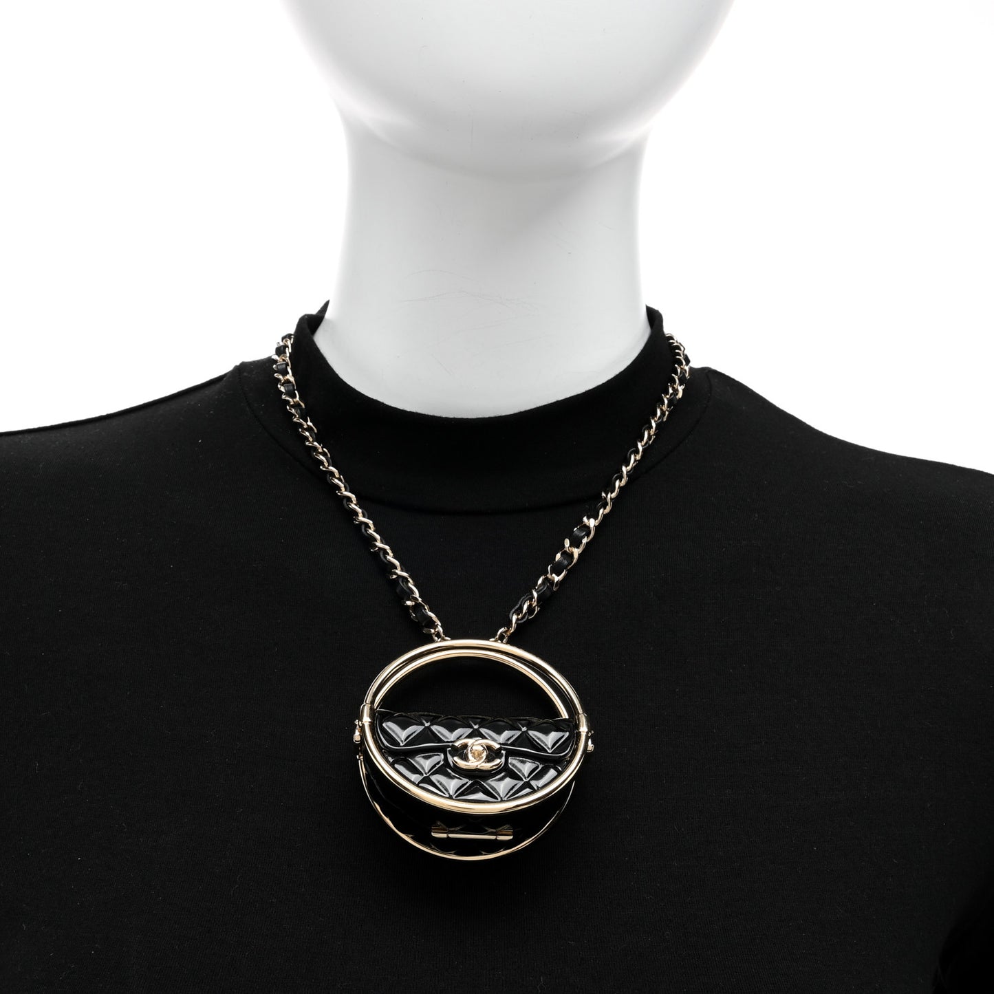 Metal Resin Quilted Flap Bag Hoop Mirror Necklace Black Gold