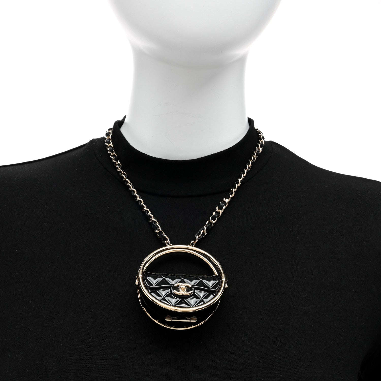 Chanel Metal Resin Quilted Flap Bag Hoop Mirror Necklace Black Gold 3 of 6