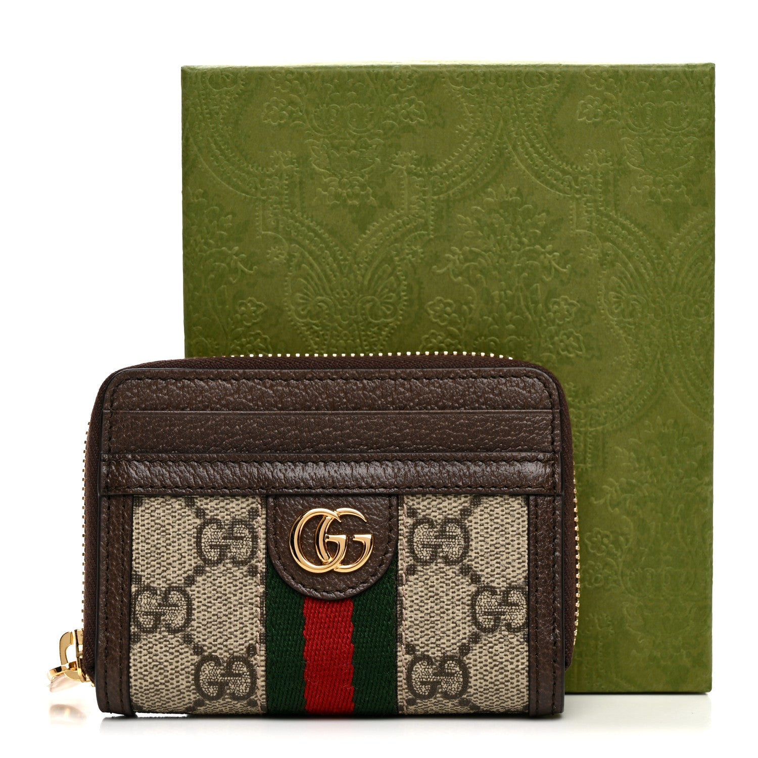 Gucci GG Supreme Monogram Textured Dollar Calfskin Web Ophidia Zip Around Card Case Wallet Beige Ebony New Acero 8 of 8