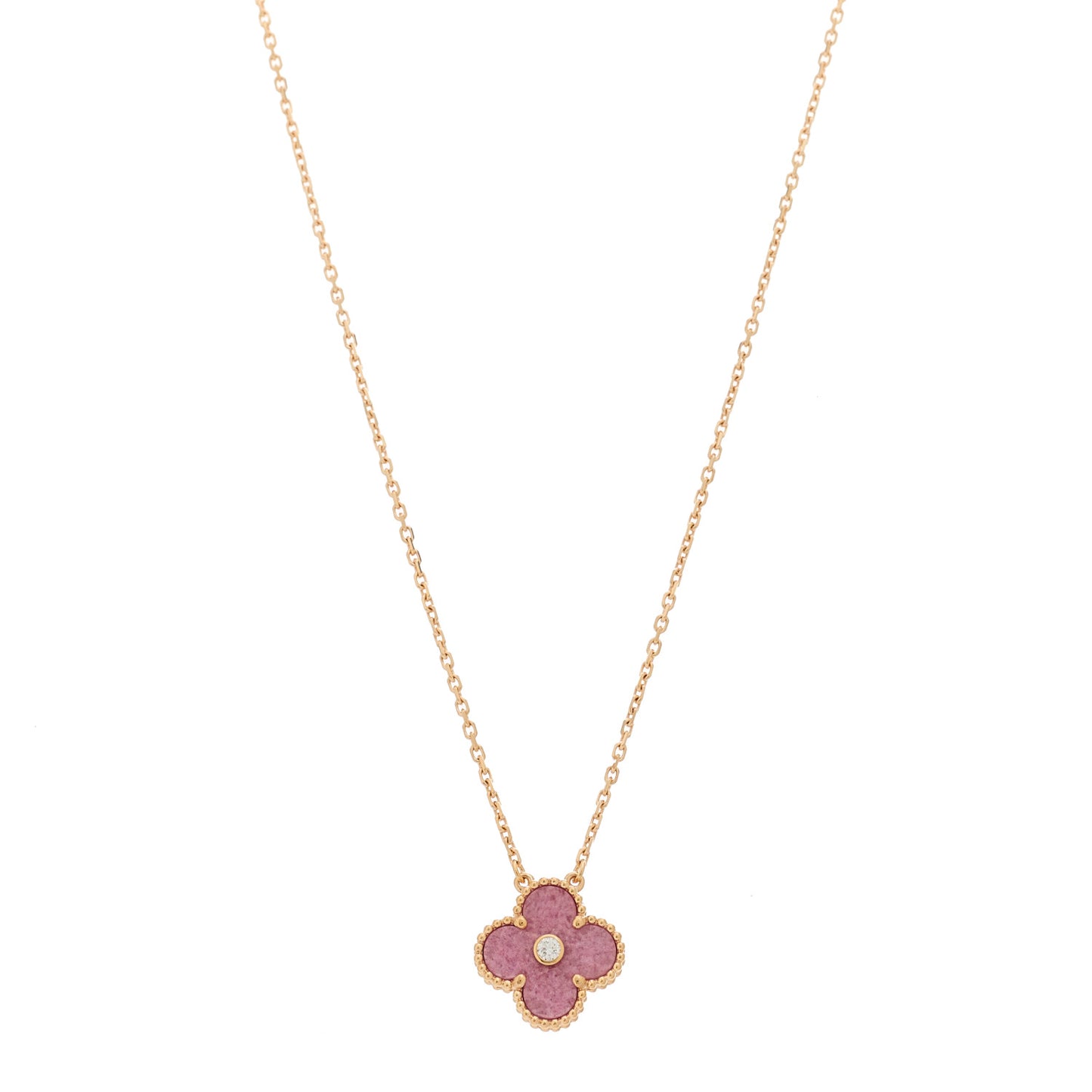 18K Rose Gold Diamond Rhodonite Vintage Alhambra Pendant Necklace