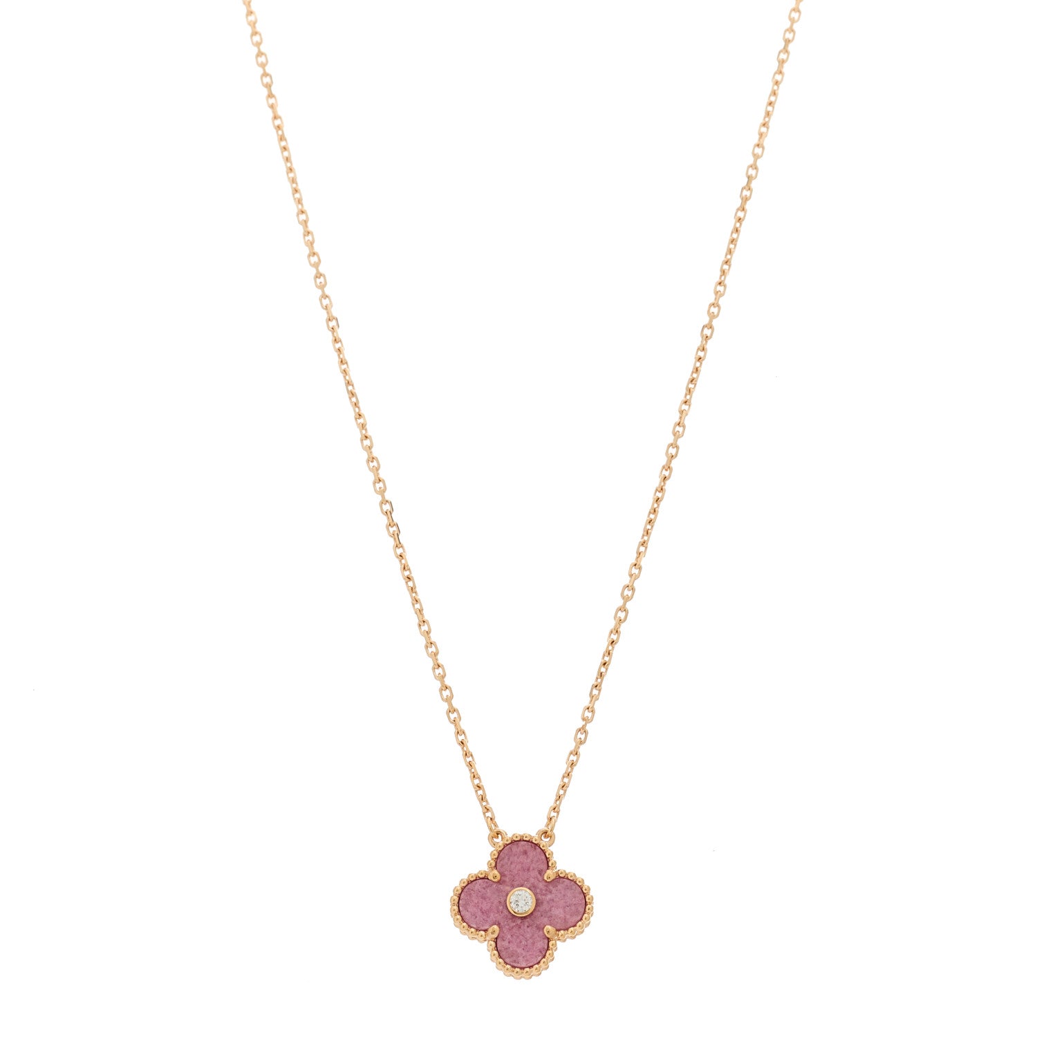 Van Cleef & Arpels 18K Rose Gold Diamond Rhodonite Vintage Alhambra Pendant Necklace 1 of 5