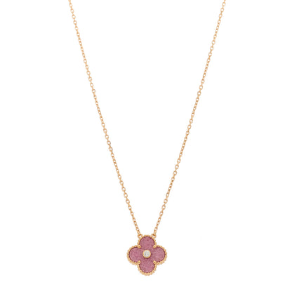 Van Cleef & Arpels 18K Rose Gold Diamond Rhodonite Vintage Alhambra Pendant Necklace 1 of 5