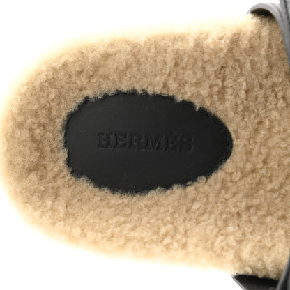 Hermes Veau Indios Woolskin Mens Chypre Sandals 42 Black Ecru 7 of 11