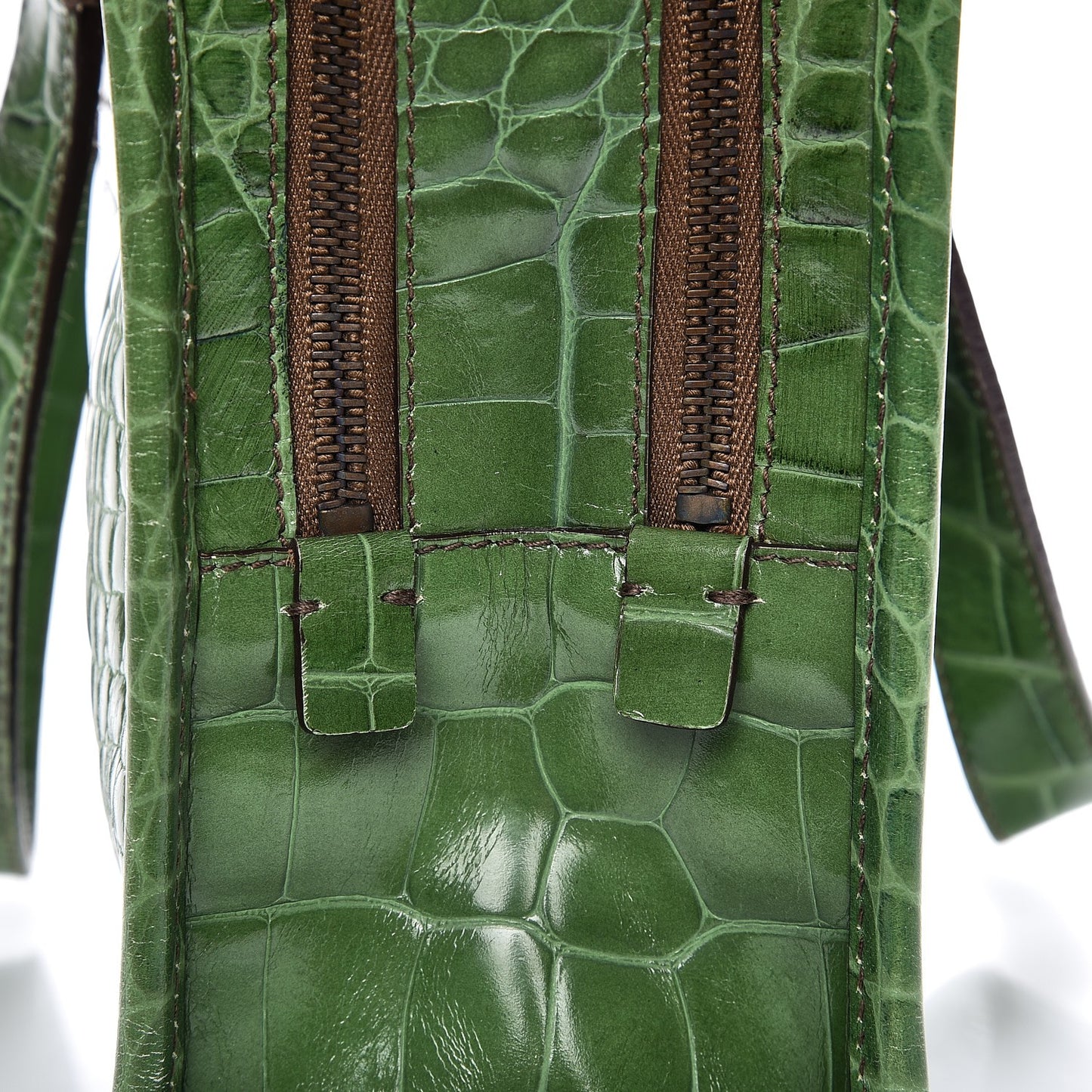 Shiny Calfskin Crocodile Embossed Double Zip Bauletto Larice