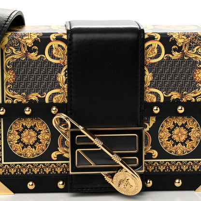 Fendi X VERSACE Vitello Cover Fendace Mini FF Baroque Brooch Studded Mini Baguette Trunk Black Gold 7 of 9