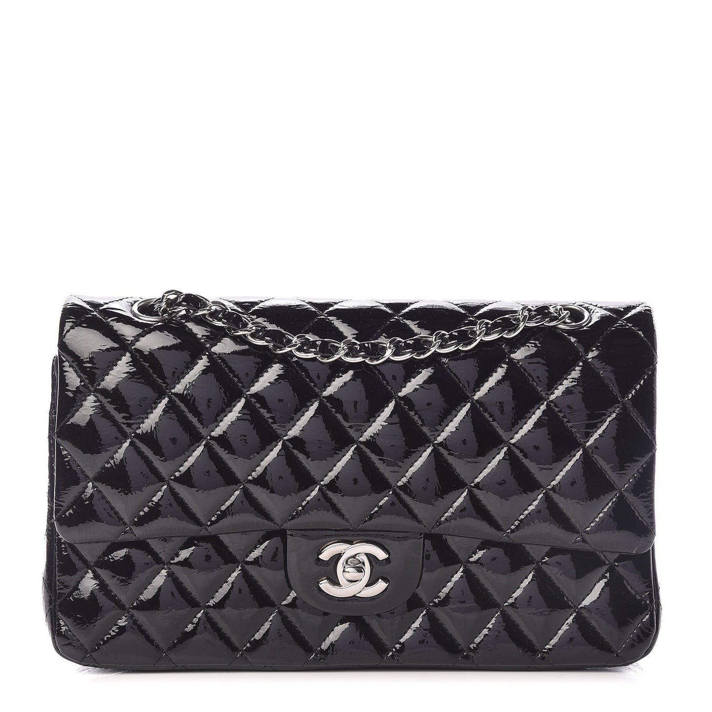 Distressed Patent Quilted Medium Double Flap Black