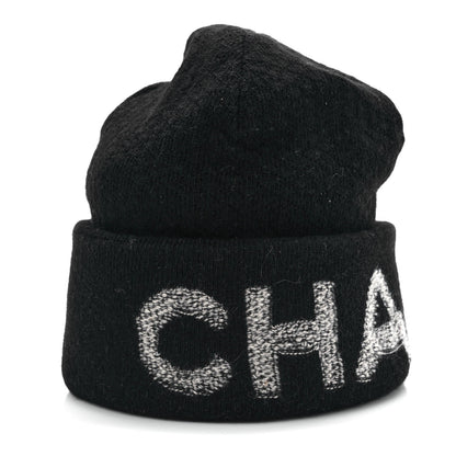 Chanel Wool Cashmere Logo Beanie Hat Black Light Grey 6 of 8