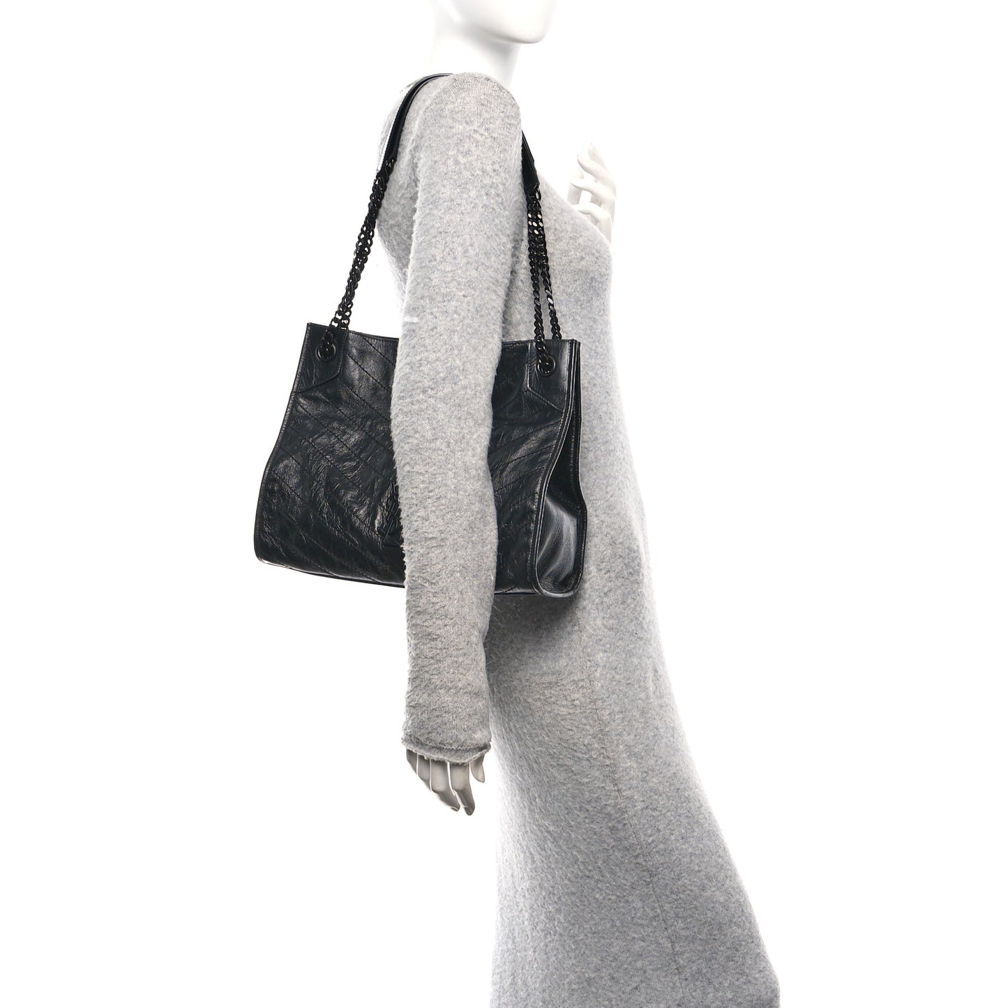 Crinkled Calfskin Matelasse Monogram Medium Niki Shopper Tote Black