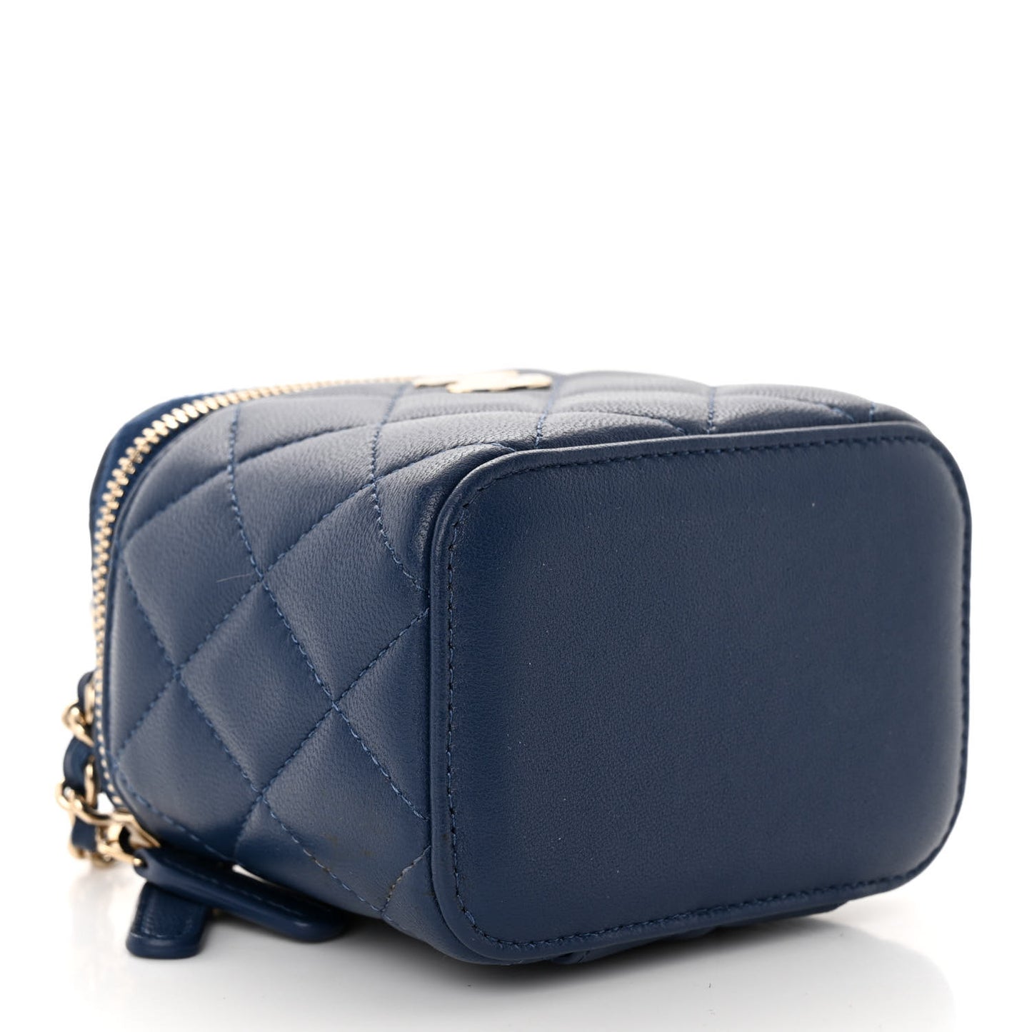 Lambskin Quilted Top Handle Mini Vanity Case With Chain Blue