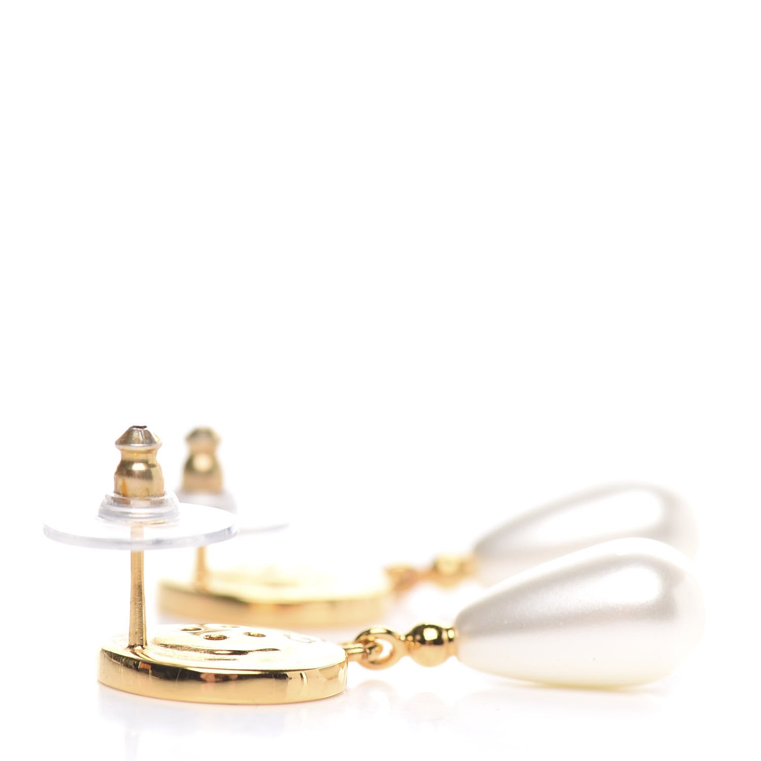 Chanel Metal Pearl Paris Button Drop Earrings Gold 3 of 5