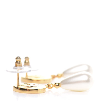 Chanel Metal Pearl Paris Button Drop Earrings Gold 3 of 5