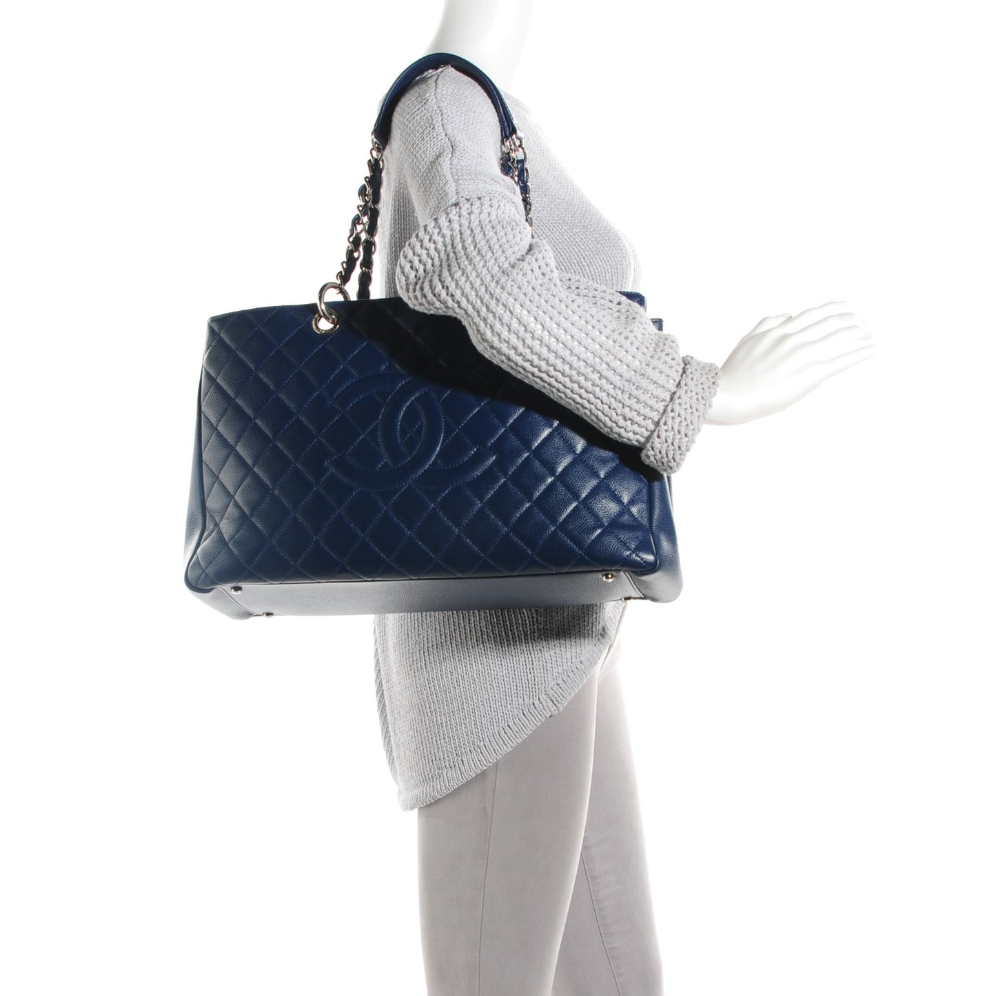 Caviar Quilted XL Grand Shopping Tote GST Navy Blue