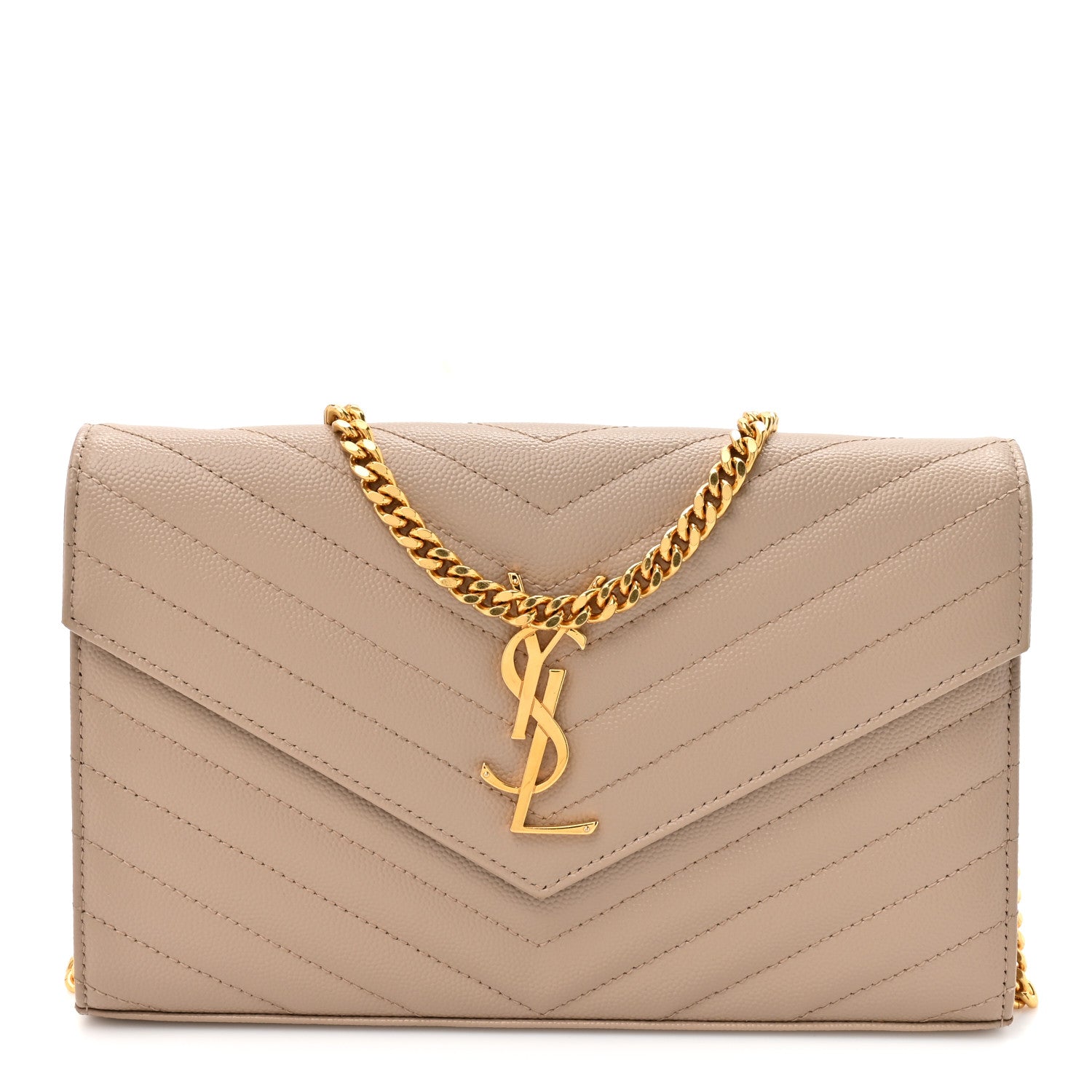 Saint Laurent Grain De Poudre Matelasse Chevron Monogram Chain Wallet Dark Beige 1 of 14