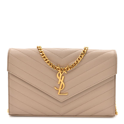 Saint Laurent Grain De Poudre Matelasse Chevron Monogram Chain Wallet Dark Beige 1 of 14