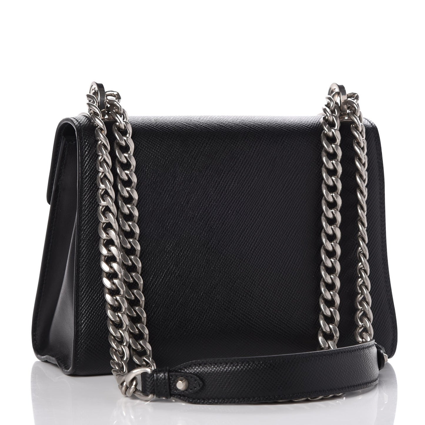 Saffiano Cuir Calfskin Monochrome Envelope Flap Chain Shoulder Bag Black