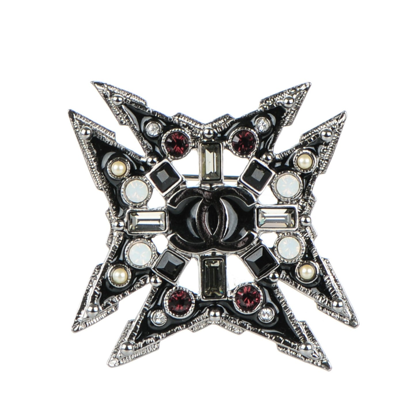 Crystal Pearl Enamel CC Brooch Black