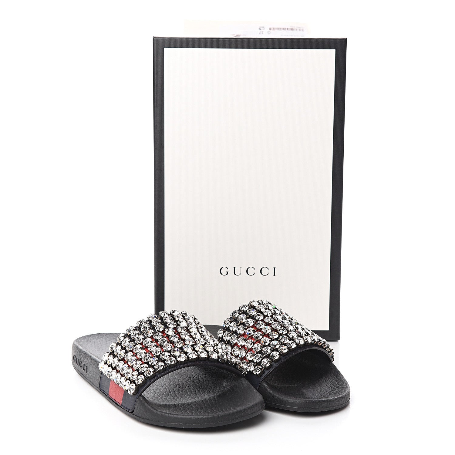 Gucci Calfskin Crystal Embellished Web Slide Sandals 37 Blue Red 8 of 8
