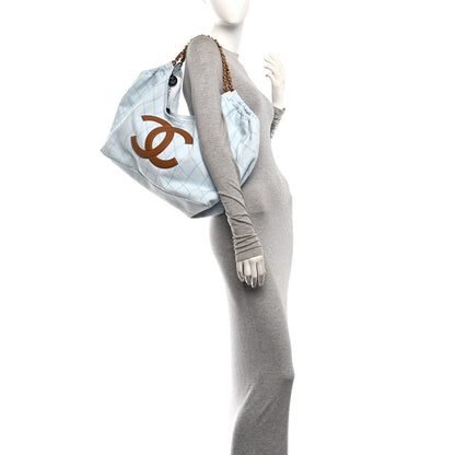 Chanel Denim Calfskin Quilted Coco Beach Small Shopping Tote Light Blue Brown 2 of 11