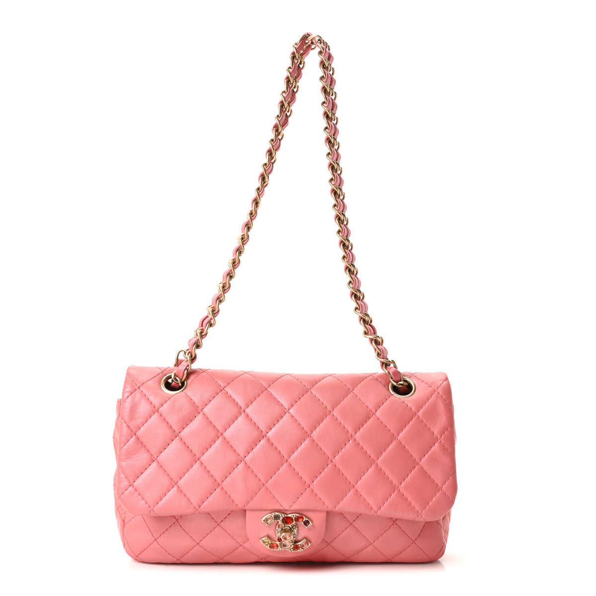 Metallic Lambskin Quilted Medium Precious Jewel Single Flap Pink