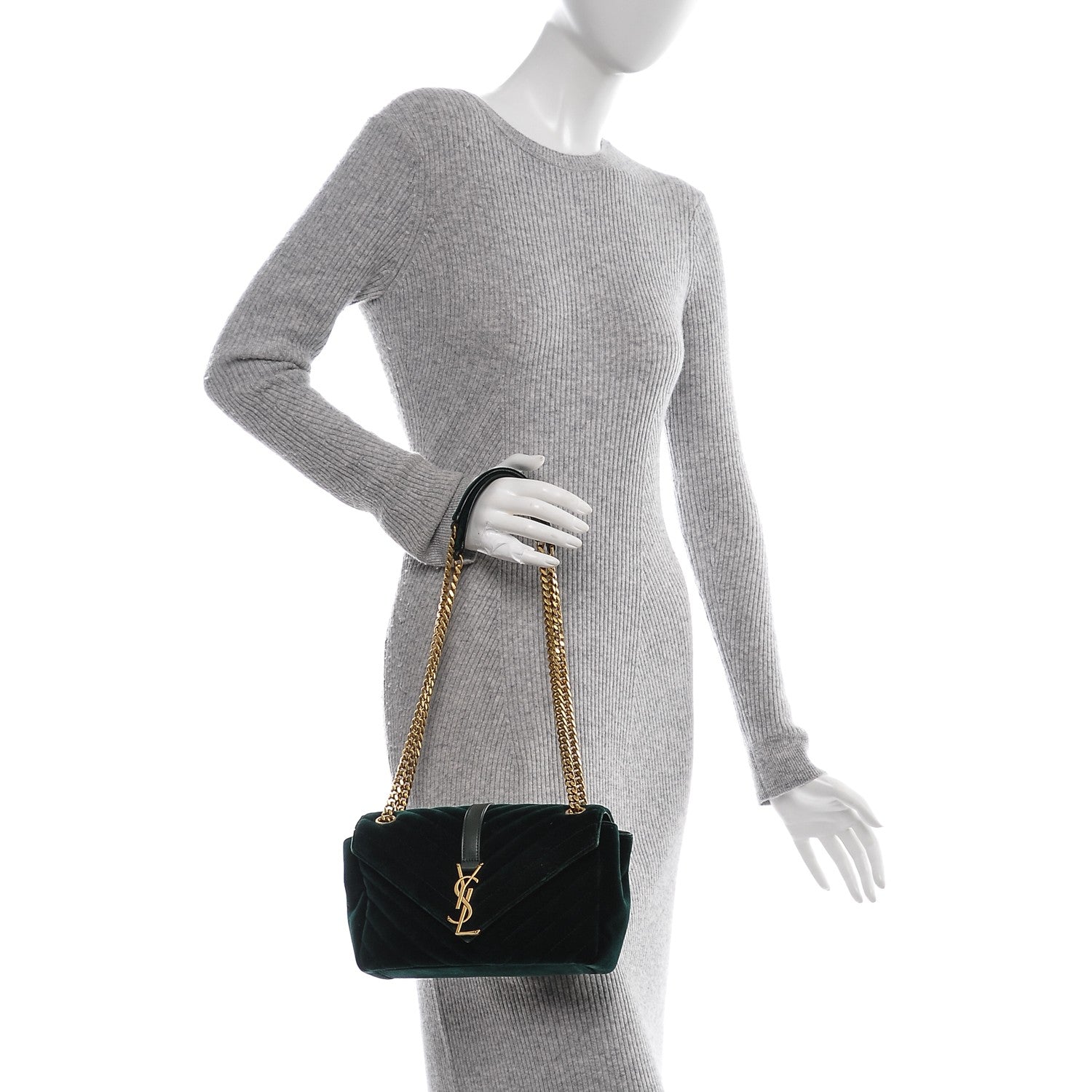 Saint Laurent Velvet Matelasse Chevron Medium Monogram Chain Bag New Dark Green 2 of 10