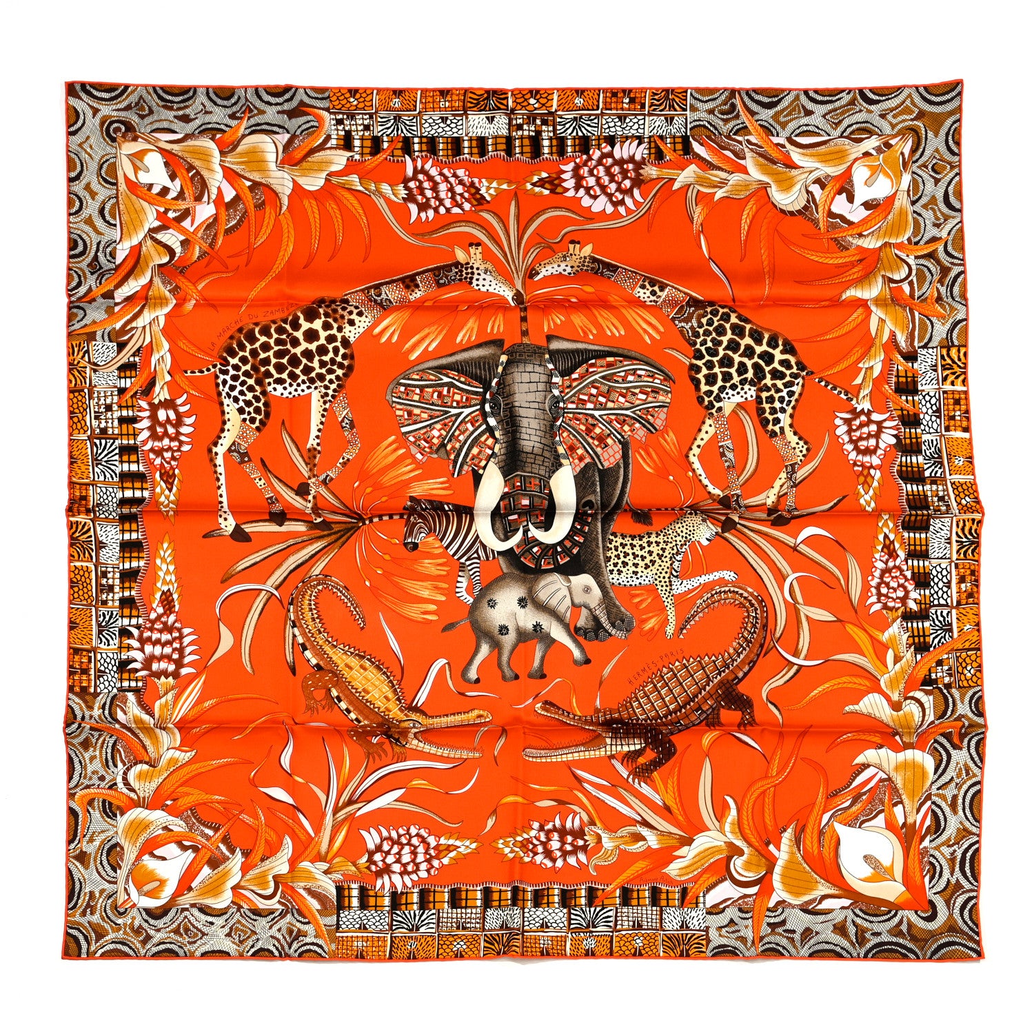 Hermes Silk La Marche Du Zambeze Scarf 90 Orange Brun Caramel 1 of 5