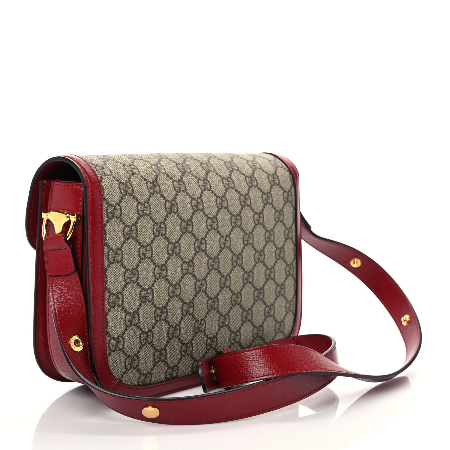 Gucci GG Supreme Monogram Azalea Calfskin Horsebit 1955 Shoulder Bag Beige Ebony New Cherry Red 3 of 7