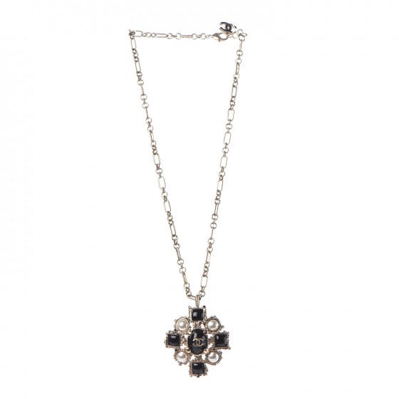 Gripoix Poured Glass Pearl CC Pendant Necklace Black Gold