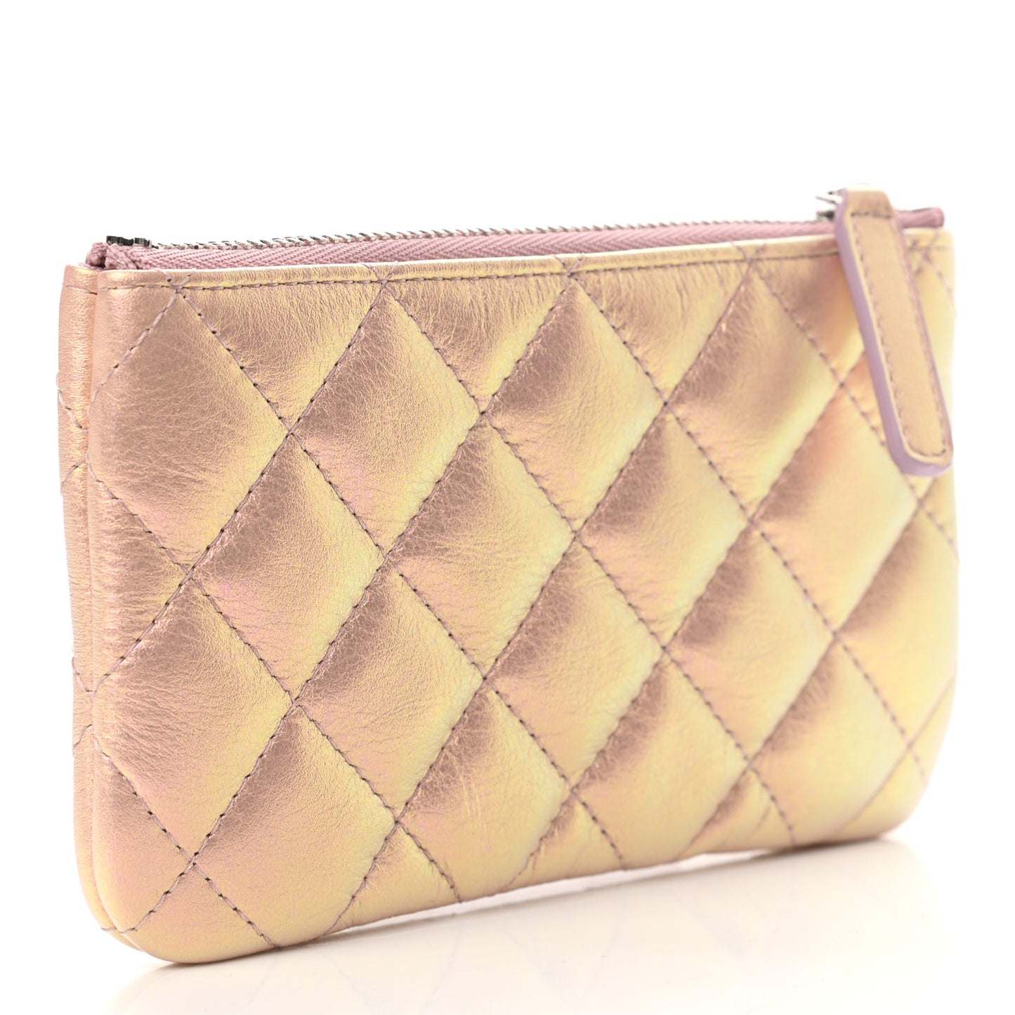 Iridescent Calfskin Quilted Small Cosmetic Case Pink