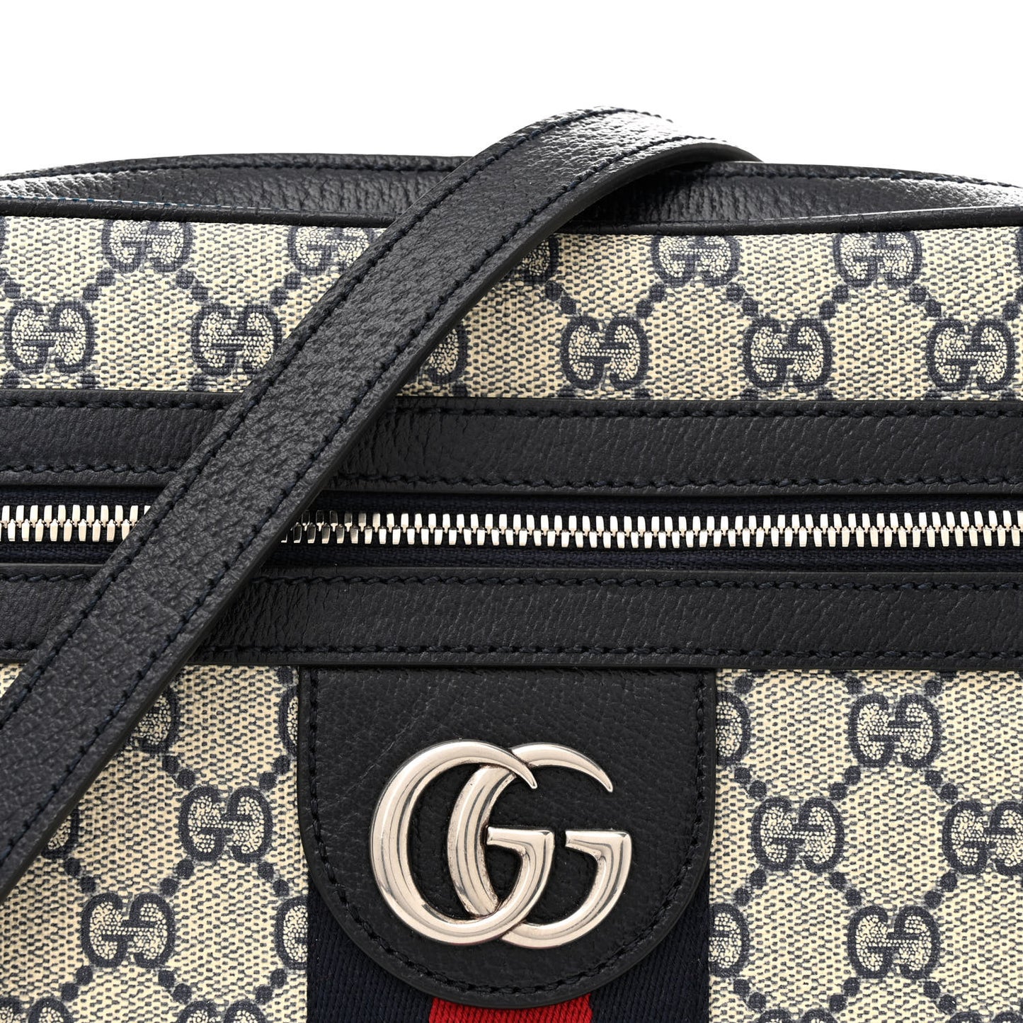 GG Supreme Monogram Textured Dollar Calfskin Web Small Ophidia Messenger Bag Beige Blue