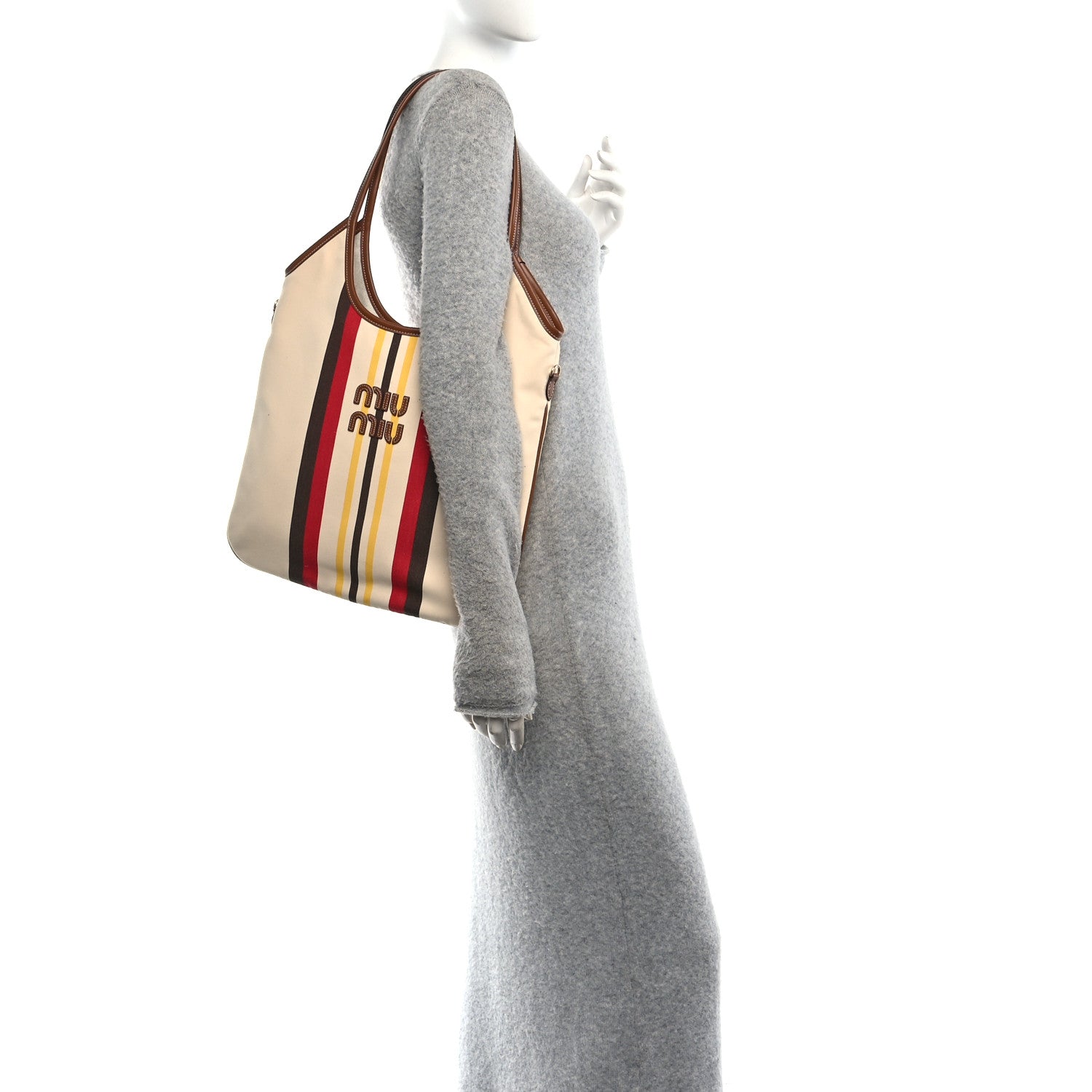 Miu Miu Canvas Calfskin Striped Ivy Beige Naturale Moro 2 of 9