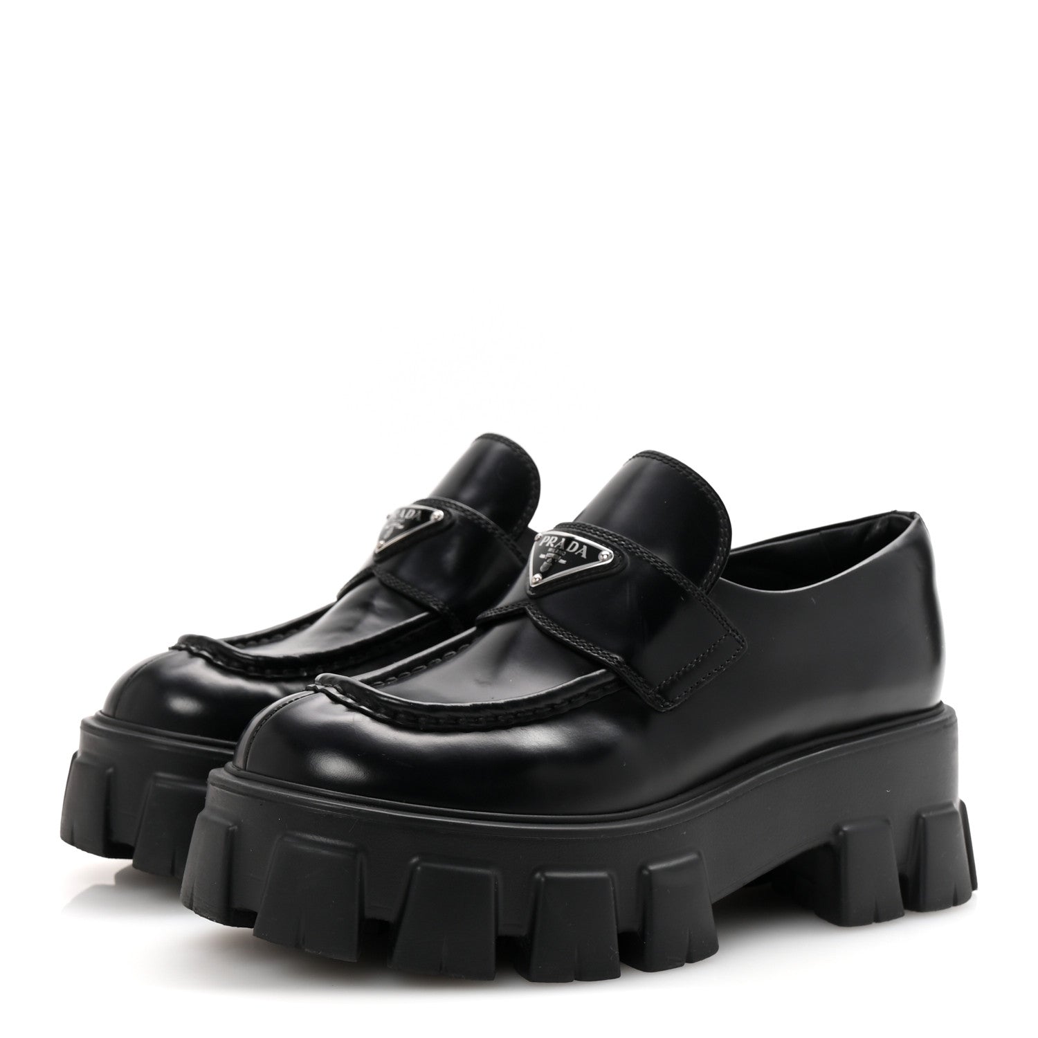 Prada Spazzolato Rois Metal Triangle Logo Monolith 55mm Loafers 38 Black 4 of 9